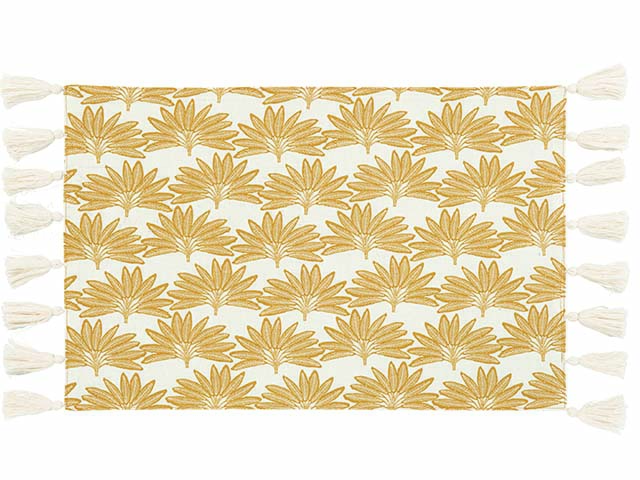 Beautiful tasseled rectangular placemats with golden floral pattern, goodhomesmagazine.com