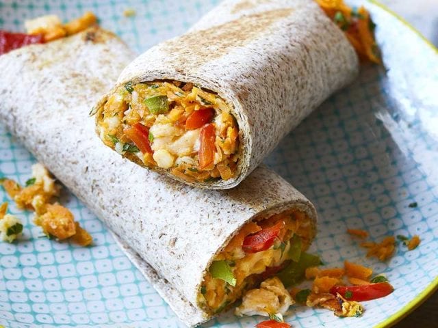 Two burrito wraps on a checked blue plate - Father's Day breakfasts - Goodhomesmagazine.com