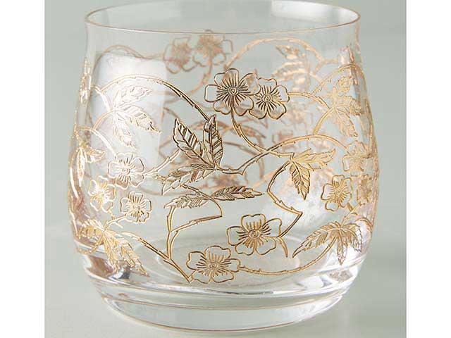 balloon glass with gold floral intricate pattern on white background, goodhomesmagazine.com