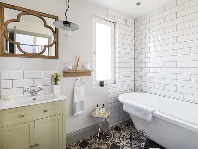 vintage bathroom, roll top bath, painted vanity unit, metro tiles, goodhomesmagazine.com