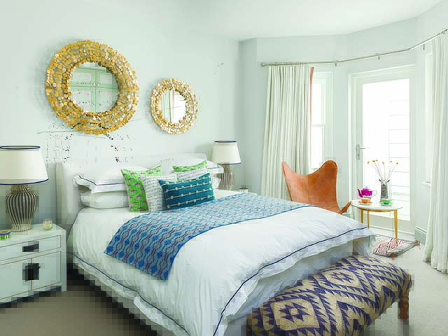 Decorative gold mirrors, stylish guest room, hotel-style bedroom, goodhomesmagazine.com