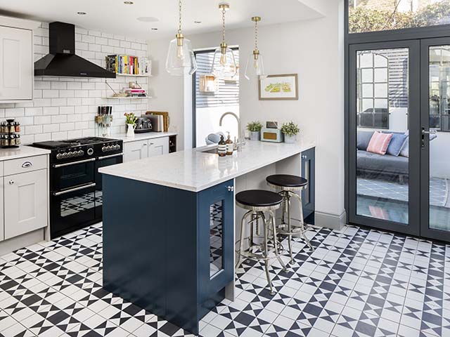 modern country kitchen, metro tiles, patterned floor, contemporary glazing, goodhomesmagazine.com