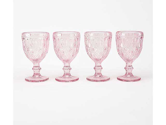 pink goblet glass collection on white background, goodhomesmagazine.com
