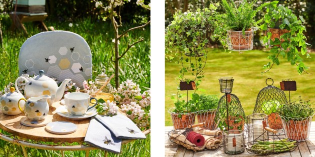 Images showing bee themed crockery and assorted garden accessories