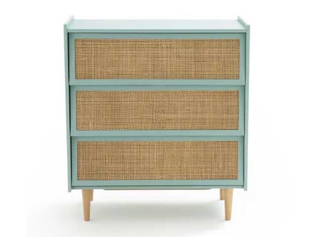 Pastel green chest of three drawers with natural coloured rattan door panels - Rattan - Goodhomesmagazine.com