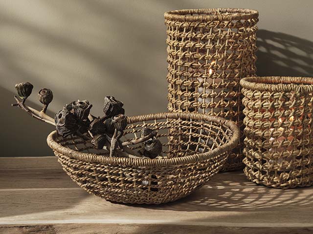 Handwoven baskets with dried flowers, goodhomesmagazine.com