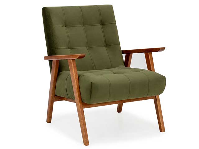 A contemporary chair with an ash wood frame and a moss green upholstered seat - Goodhomesmagazine.com