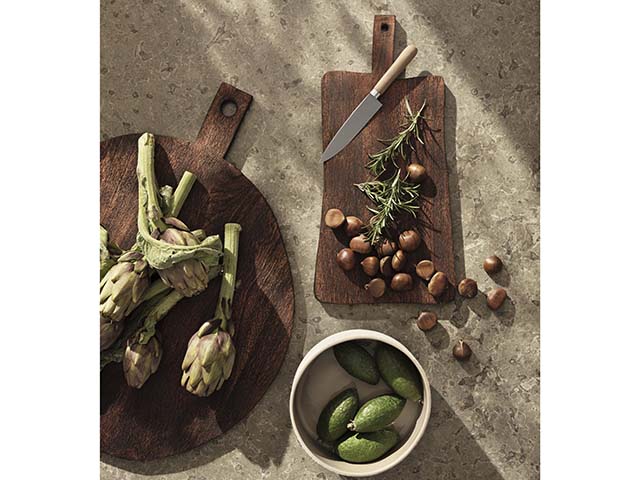 Cutting boards in FSC wood with assorted vegetables, goodhomesmagazine.com