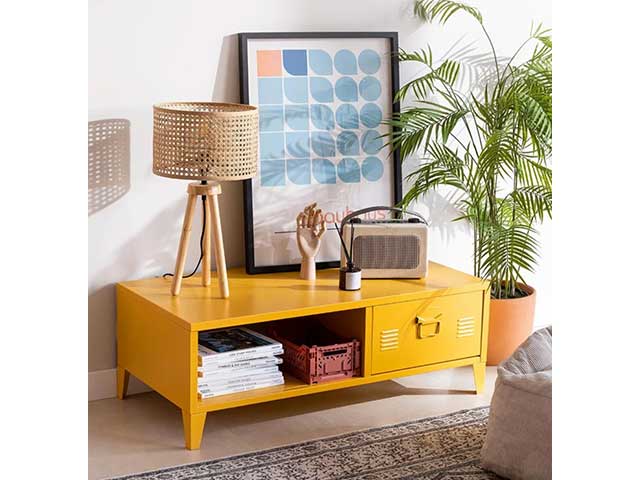 Yellow metal coffee table with an open shelf and locker compartment - Metal storage lockers - Goodhomesmagazine.com 