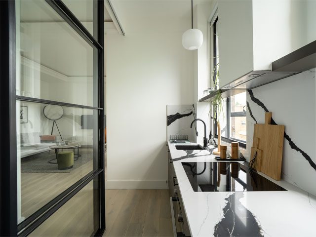 glass sliding door in small kitchen