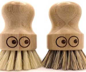 Two bamboo scrubbing brushes each featuring hand-drawn eyes - Sustainable kitchen swaps - Goodhomesmagazine.com