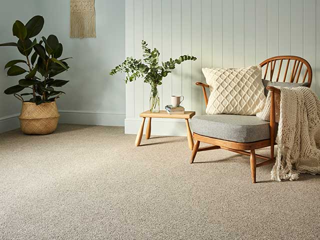 A beige carpeted room with a wicker chair and side table and large leafy plant - 2021 flooring trends - Goodhomesmagazine.com