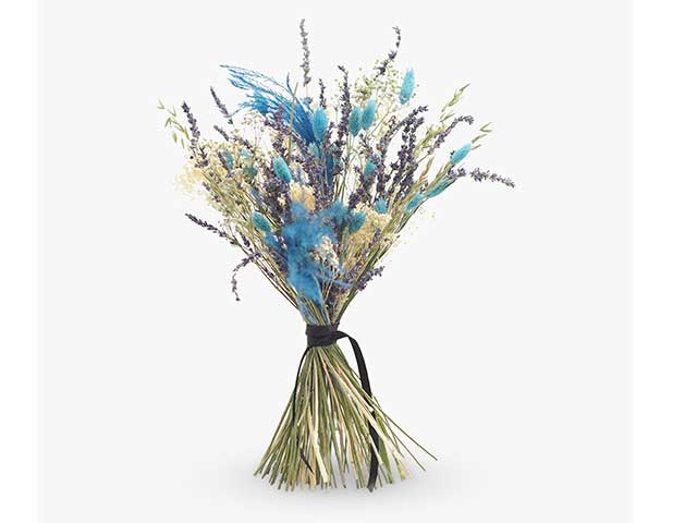 Mixed coloured pampas grass on white background tied with ribbon