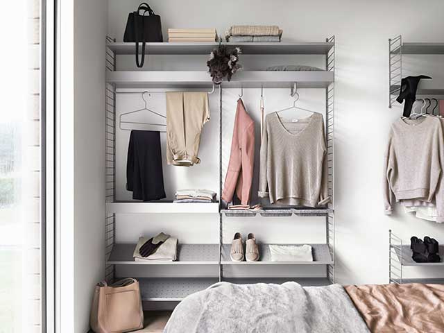 Open fitted modular wardrobe storage in a bedroom - Grey bedroom - Goodhomesmagazine.com