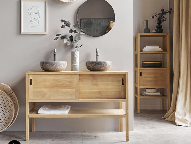 Bathroom storage unit in wood below basins 