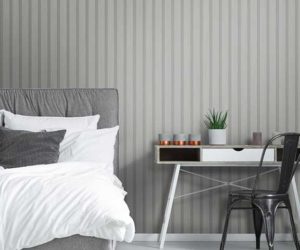 Stripy grey wood panelling wallpaper in a bedroom - Grey bedrooms - Goodhomesmagazine.com
