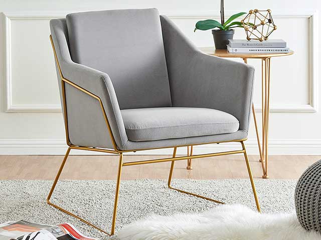 Grey accent armchair with gold legs - grey bedroom - Goodhomesmagazine.com