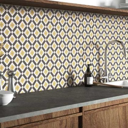 Geometric print yellow backsplash with wooden countertops - Mid-century modern - Goodhomesmagazine.com