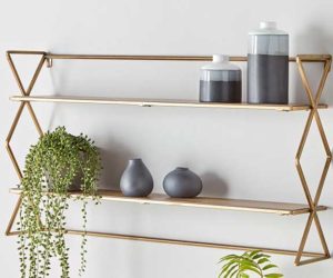 Copper geometric stylish shelfies with two layers, decorated with hanging plants, small ornaments and candles, goodhomesmagazine.com