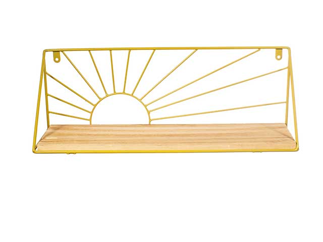 Gold shelf with wooden bottom on white background, goodhomesmagazine.com