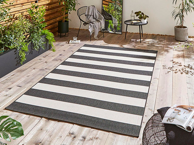Black and white striped outdoor rug from Freemans (Santa Monica rug, £65-£190)