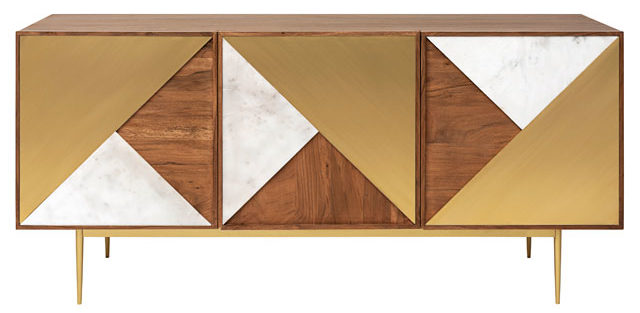 Hermes geometric sideboard from Swoon in acacia wood, brass and marble 