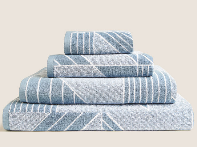 Pure cotton geometric print towels in Denim, from Marks & Spencer