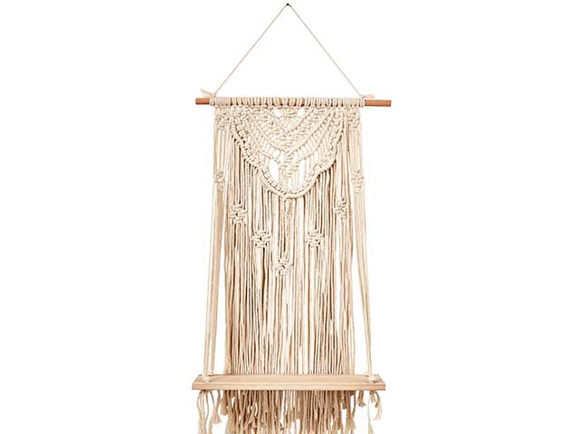 Macrame hanging shelfie on white background, goodhomesmagazine.com