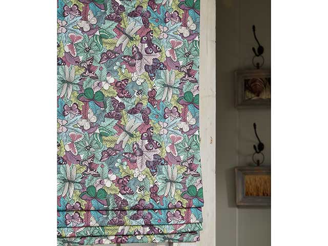 Roller blind with purple and blue floral pattern, goodhomesmagazine.com