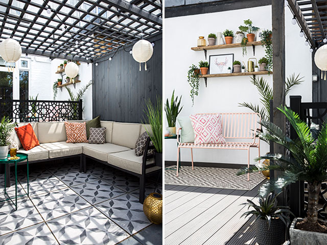 garden screens creating zones in a modern garden with corner sofa, pergola and patterned tiles