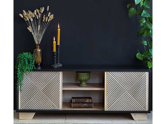Dark wooden sideboard cabinet with light patterned doors - Goodhomesmagazine.com