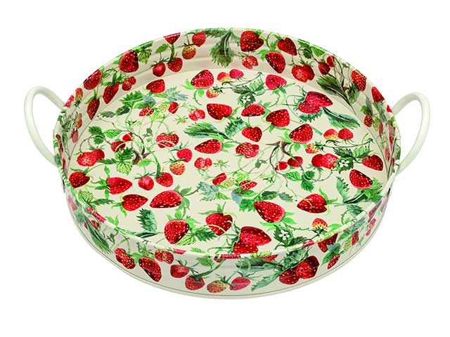 Strawberry patterned tray with handles on white background, goodhomesmagazine.com