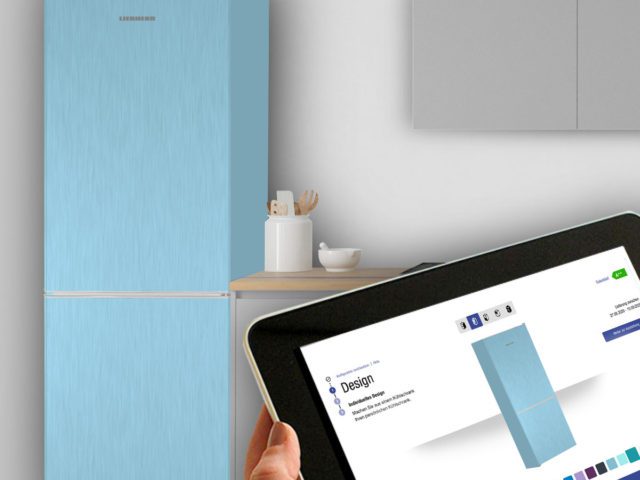 modern pastel blue fridge with tablet demonstrating competition preview