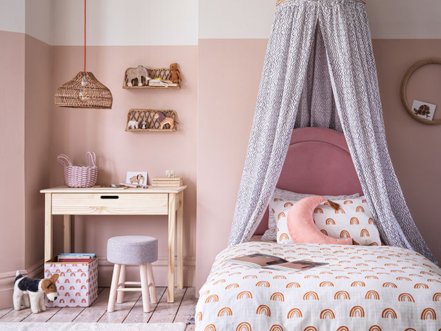 Homespun bedroom with pricness turret above bed and pine wood desk from Habitat kid's homeware collection