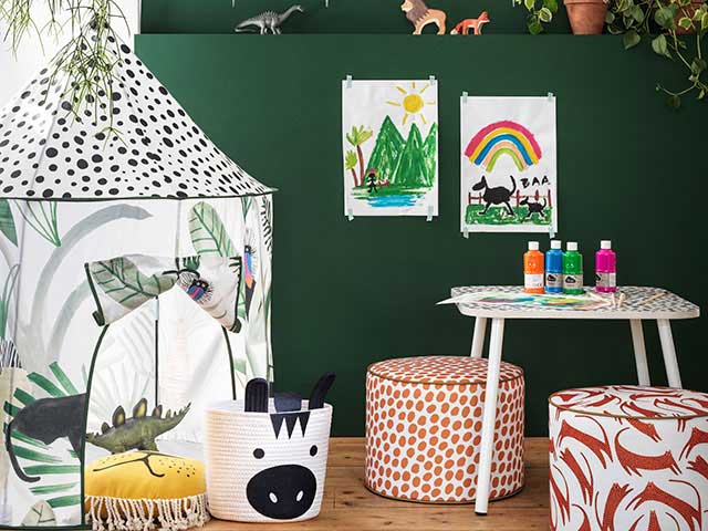 Habitat kid's range playroom with tent, baskets and wild decor