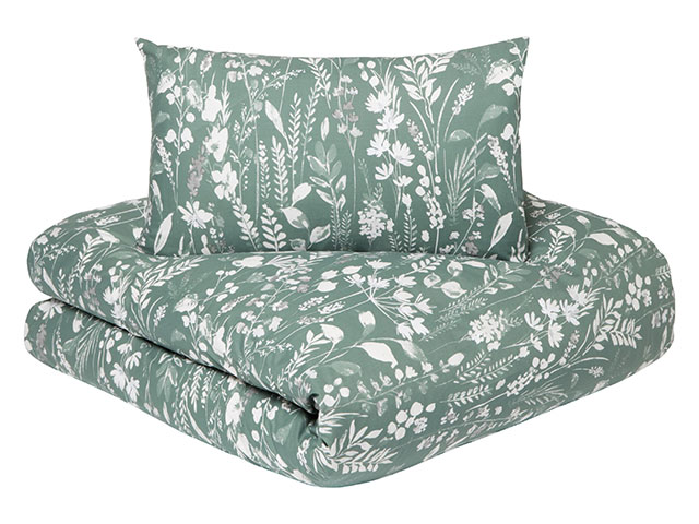 Green grey bedding with white floral pattern on white background