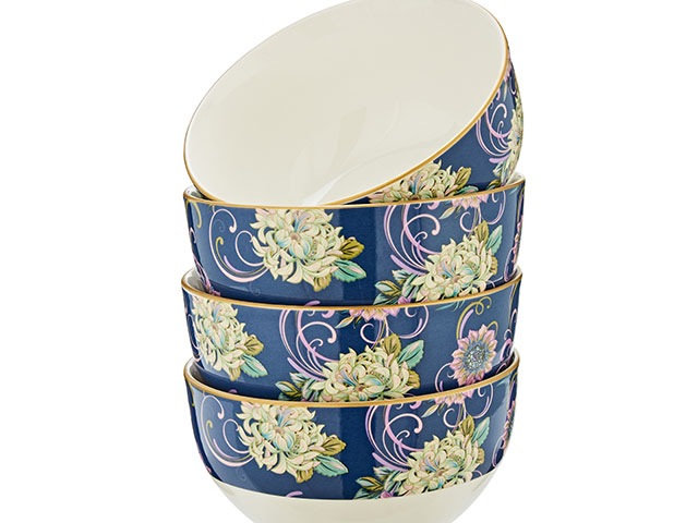 Navy floral bowls on white background