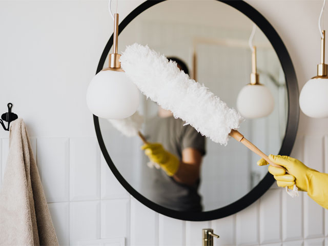 Cleaning a mirror with a feather duster is a quick and easy household chore