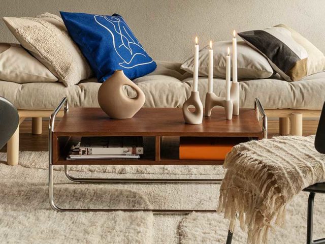 H&M home fall collection 2021 living room neutral set up with klein blue cushions