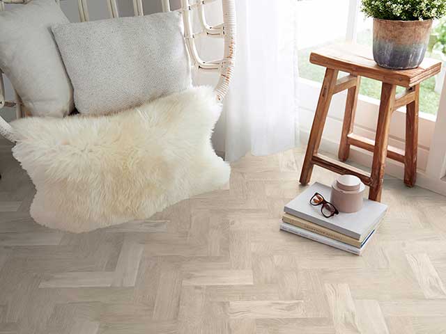 Herringbone flooring in diagonal pattern like in Stacey Solomon's pink nursery