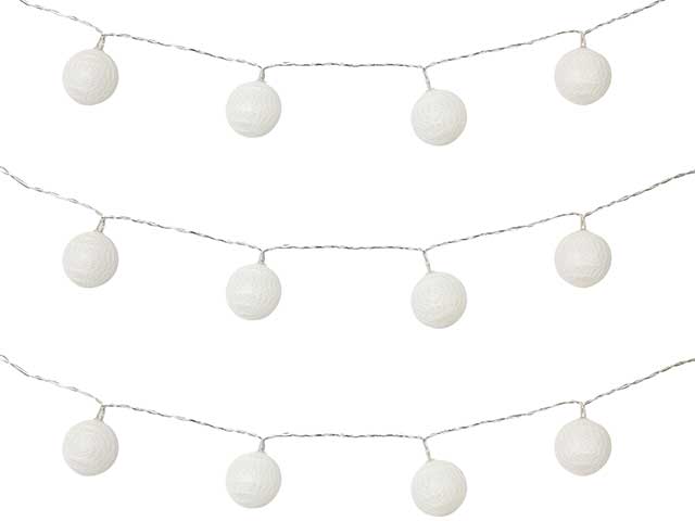 White ball string lights in three rows on white background