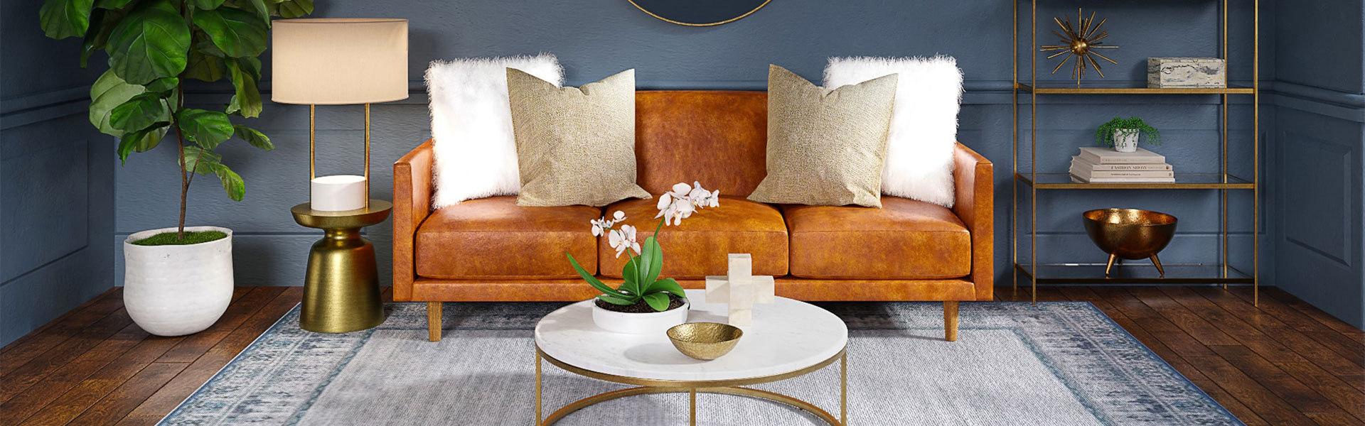 Interior designed living room with tan leather sofa and dark walls