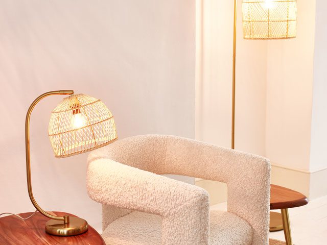rattan lamps styled with sheepskin chair from Oliver Bonas