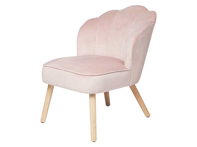 Pink crushed velvet seashell chair with wooden legs on white background inspired by Stacey Solomon's pink nursery
