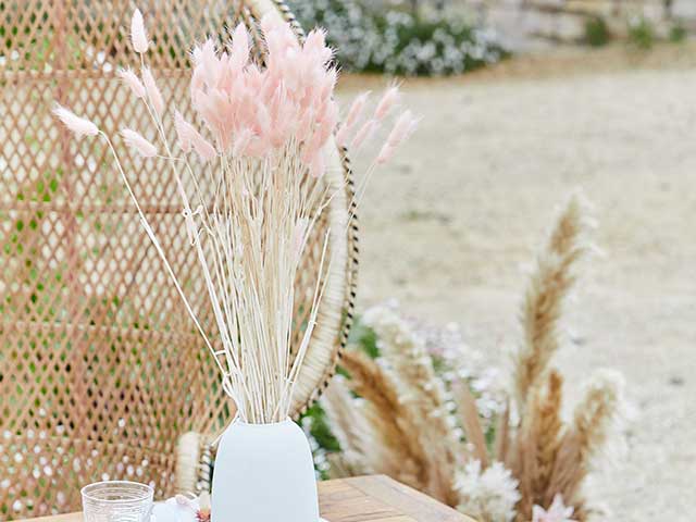 Pink pampas in white vases with rattan wicker background inspired by Stacey Solomon's pink nursery