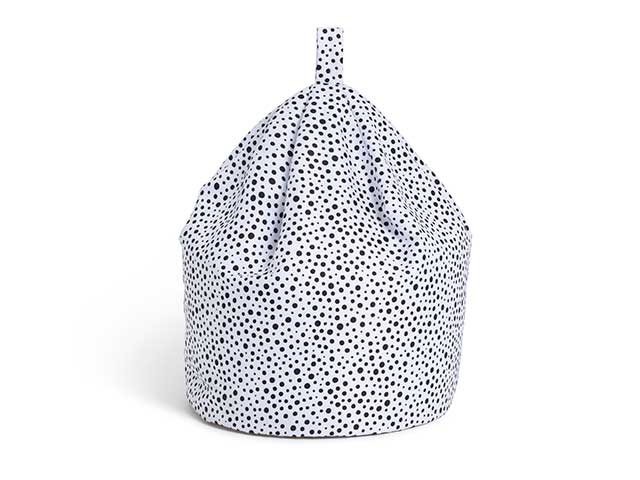 Black and white cheetah print bean bag on white background