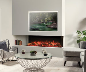 Contemporary living room with white walls, walnut shelving and a media wall with TV and Stovax electric fire with log effect