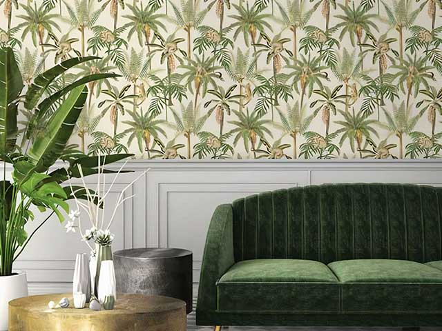 Goblincore inspired wallpaper with botanical vibes in living room with houseplants