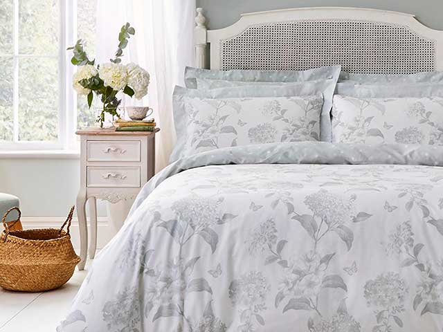 Eucalyptus light green bedding in neutral bedroom from Holly Willoughby celebrity bedding collection