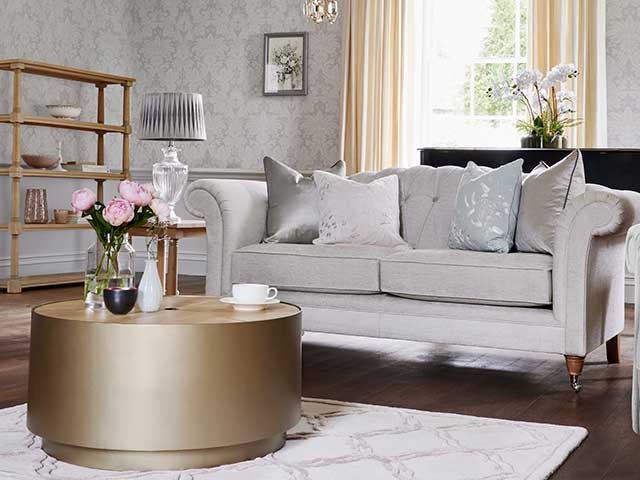 Laura Ashley AW21 wallpaper in cream living room